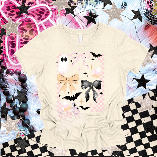 Beige t-shirt with decorative elements on a colorful patterned background